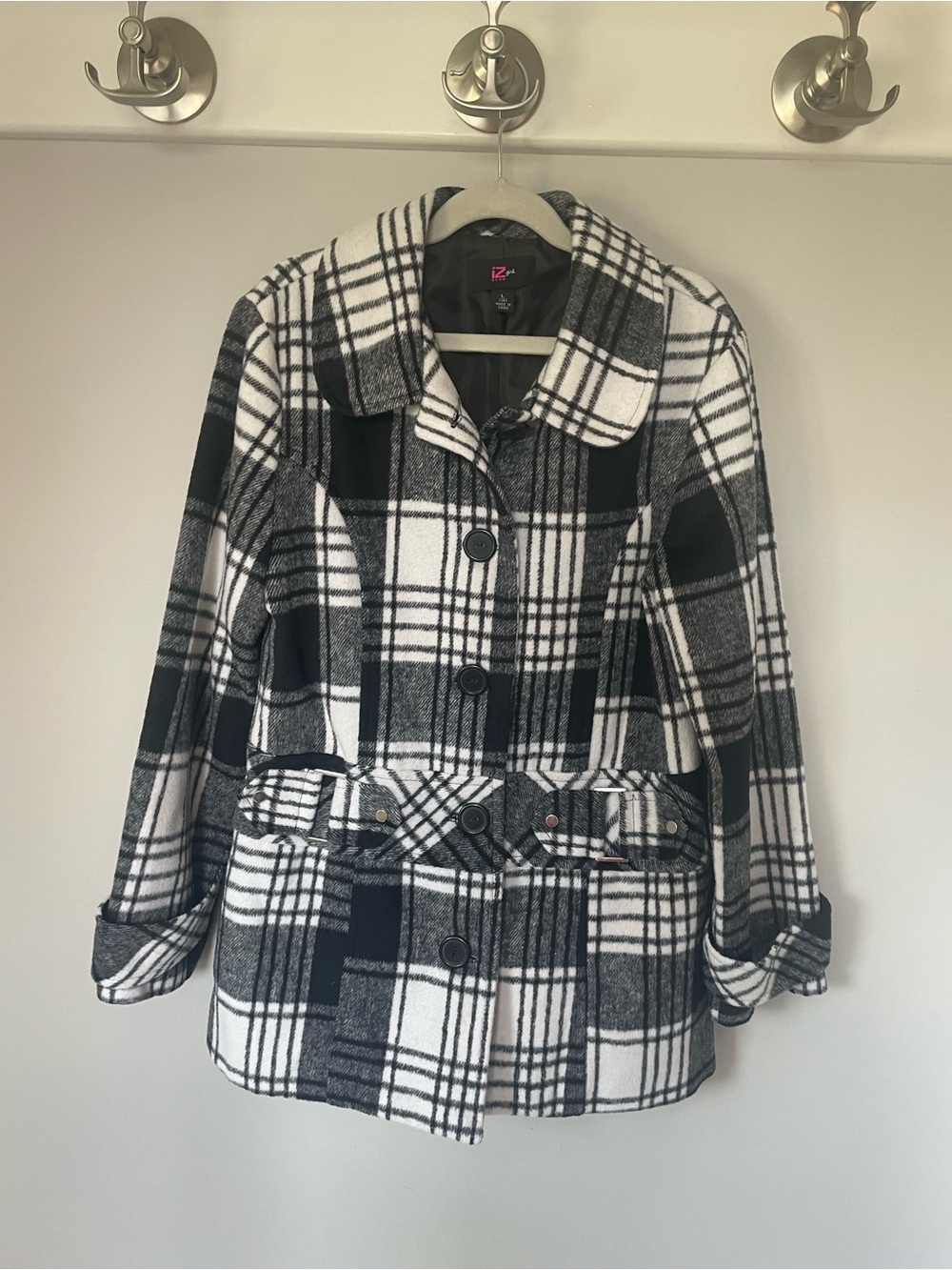 Iz Byer Girl’s Black and White Plaid Pea Coat